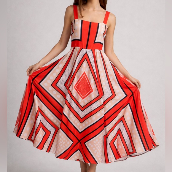 Eliza J Dresses & Skirts - 🆕🌹Eliza J Red Geometric Print Maxi Dress Size 8P Smocked Summer Midi Maxi Dress